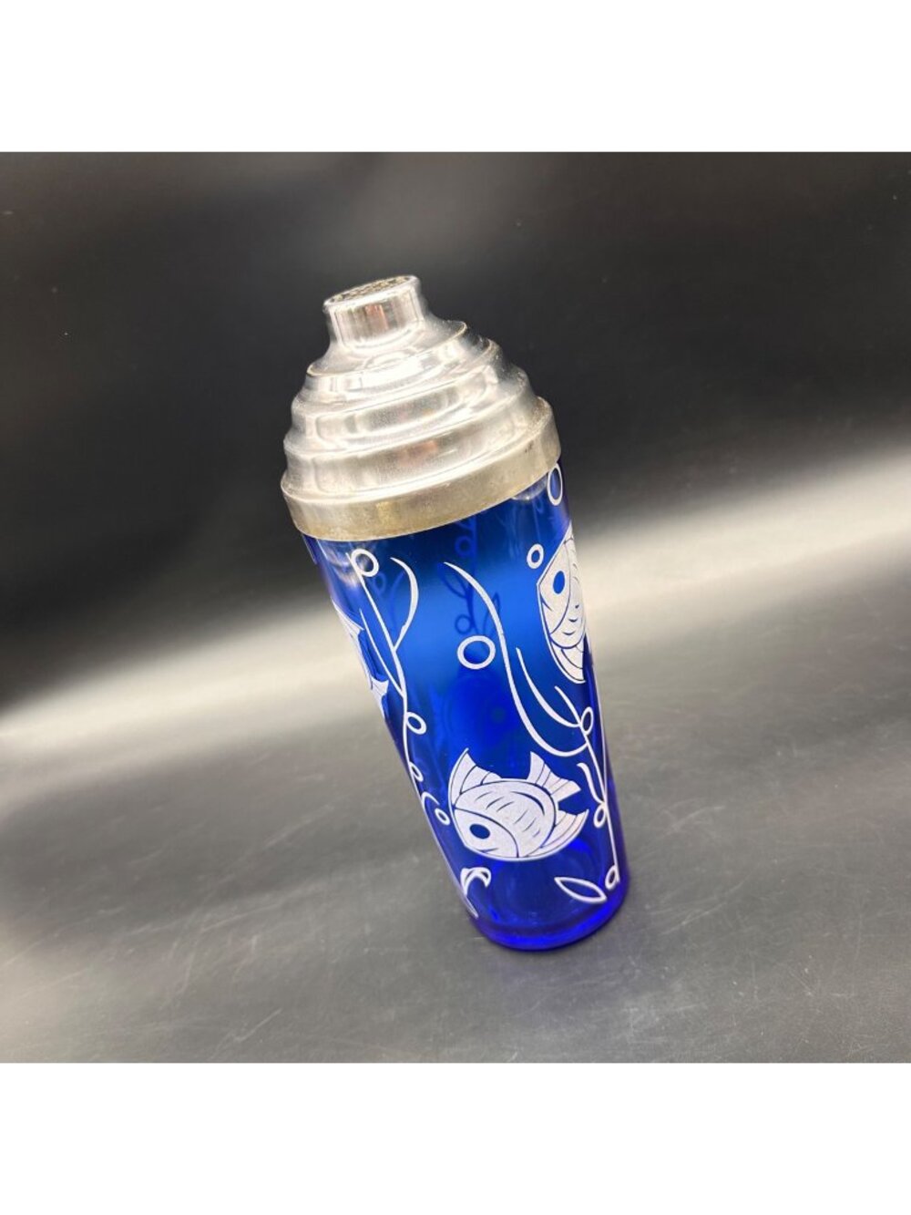 Vintage Hazel Atlas Blue Glass Cocktail Shaker Angel Fish Nautical 1930s Barware